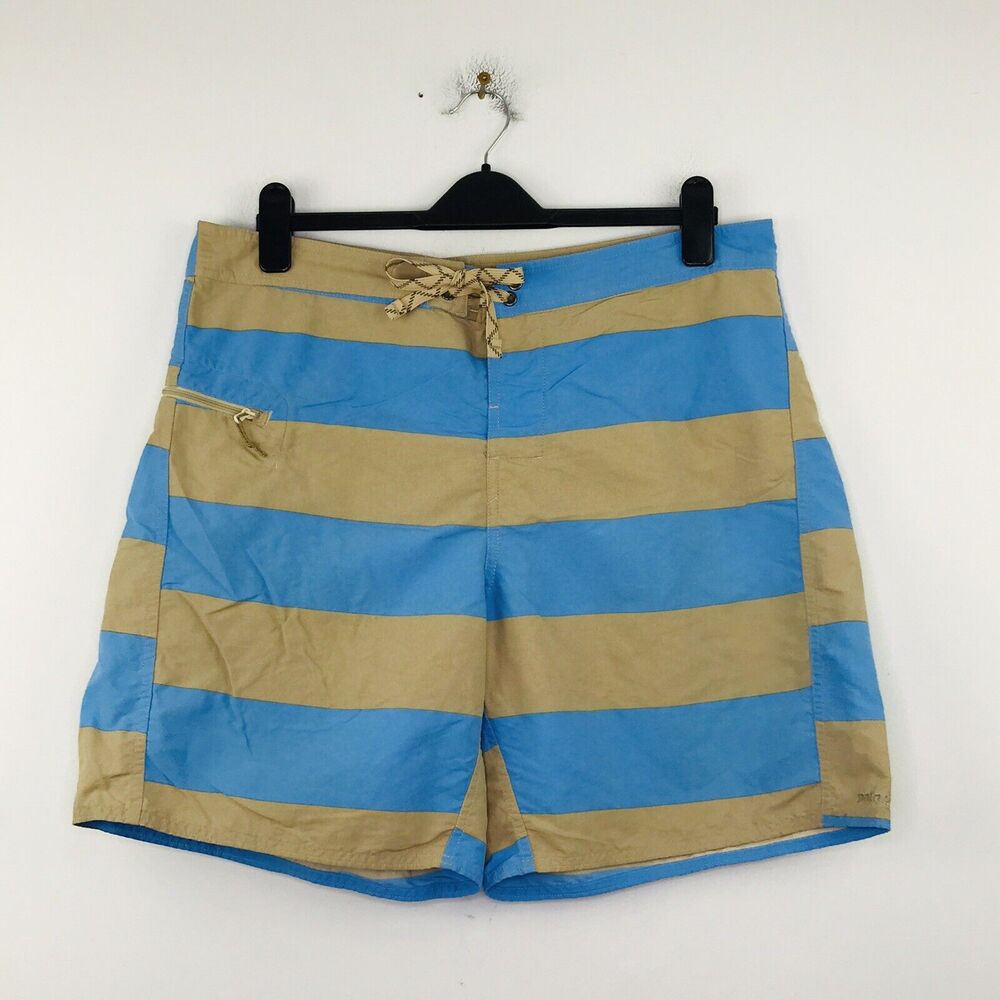 Patagonia Men 36 Blue Striped Tan Board Shorts Drawstring Zip Pocket Flaw D24